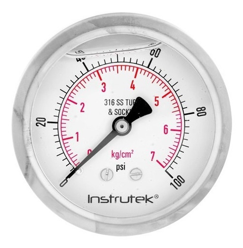 Manómetro 2.5", acero inoxidable, 1/4" NPT, posterior, 100 psi-kg/cm2