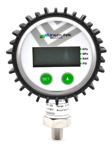 Manómetro digital, 1/4" NPT, rango de 10000 psi. La pantalla LCD es de 4 dígitos, por lo que solo permitirá seleccionar la escala de MPa y bar. Arrojando como valor máximo: 68.90 MPa / 689 bar