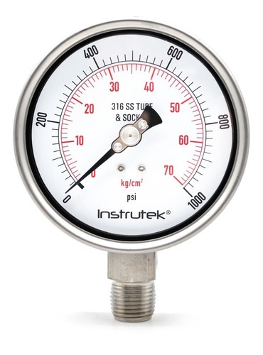 Manómetro 4", acero inoxidable, 1/2" NPT, inferior, 1000 psi-kg/cm2