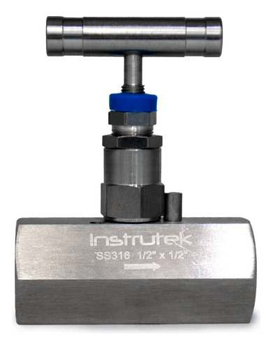 Válvula de aguja, de acero inoxidable, conexión hembra-hembra de 1/2" NPT, presión máxima de 10,000 Psi.