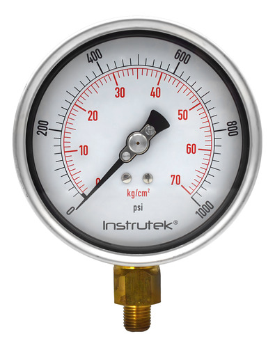 Manómetro 4", lleno de líquido premium, 1/4" NPT, inferior, 1000 psi-kg/cm2