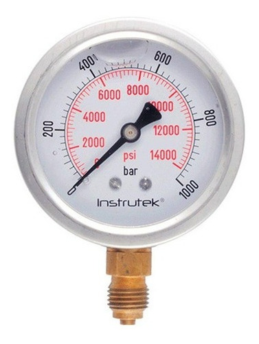 Manómetro 2.5", lleno de líquido premium, 1/4" BSPP, inferior, 1000 bar-psi