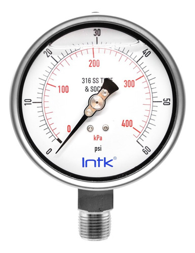 4” S.S. Liquid filled (O.E.M.), pressure gauge, 1/2” NPT, bottom connection, 0 to 60 psi-kPa