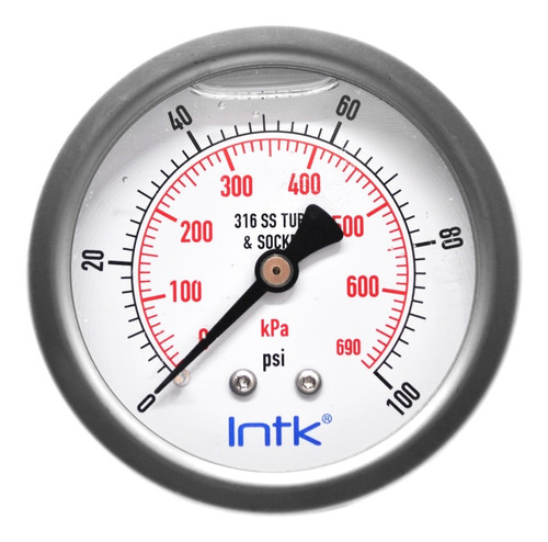 2.5” S.S. Liquid filled (O.E.M.), pressure gauge, 1/4” NPT, back connection, 0 to 100 psi-kPa