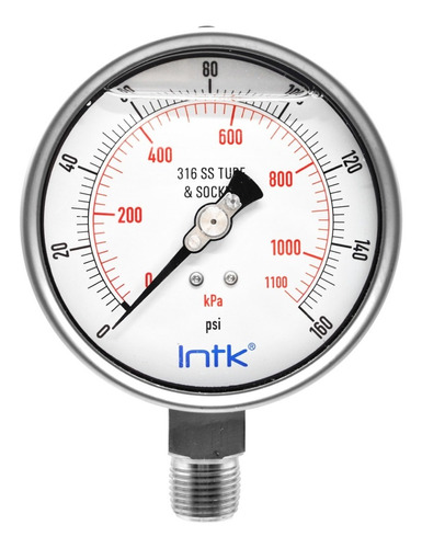 4” S.S. Liquid filled (O.E.M.), pressure gauge, 1/2” NPT, bottom connection, 0 to 160 psi-kPa