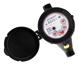 [IX4015] Medidor de agua certificado tipo chorro múltiple, cuerpo de plástico, extremos roscados de 1/2", incluye los conectores de latón.
