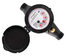 [IX4020] Medidor de agua certificado tipo chorro múltiple, cuerpo de plástico, extremos roscados de 3/4", incluye los conectores de latón.