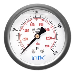 [INTK63510200] 2.5” S.S. Liquid filled (O.E.M.), pressure gauge, 1/4” NPT, back connection, 0 to 200 psi-kPa