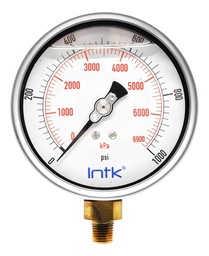 [INTK1003001000] 4” Liquid filled (O.E.M.), pressure gauge, 1/4” NPT, bottom connection, 0 to 1000 psi-kPa