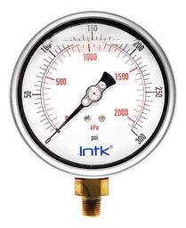 [INTK100300300] 4” Liquid filled (O.E.M.), pressure gauge, 1/4” NPT, bottom connection, 0 to 300 psi-kPa