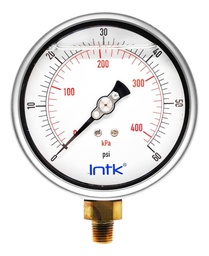 [INTK10030060] 4” Liquid filled (O.E.M.), pressure gauge, 1/4” NPT, bottom connection, 0 to 60 psi-kPa