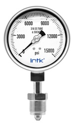 [INTK100500H15000] 4” S.S. Liquid filled (O.E.M.), pressure gauge, 9/16" UNF, bottom connection, 0 to 15000 psi