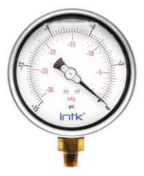 [INTK10030030VAC] 4” Liquid filled (O.E.M.), vacuum gauge, 1/4” NPT, bottom connection, 30 Vac inHg-cmHg