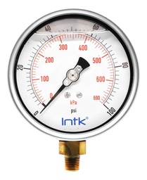 [INTK100300100] 4” Liquid filled (O.E.M.), pressure gauge, 1/4” NPT, bottom connection, 0 to 100 psi-kPa
