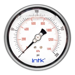 [INTK100310200] 4” Liquid filled (O.E.M.), pressure gauge, 1/4” NPT, back connection, 0 to 200 psi-kPa