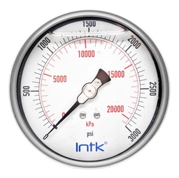 [INTK1004103000] 4” Liquid filled, pressure gauge, 1/4” NPT, back connection, 0 to 3000 psi-kPa