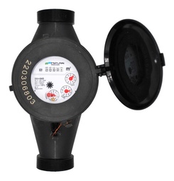 [IX4040] Medidor de agua certificado tipo chorro múltiple, cuerpo de plástico, extremos roscados de 1 1/2", incluye los conectores de latón.