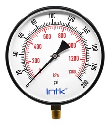 [INTK200100200] 8" Standard, dry, pressure gauge, black steel case, 1/2" NPT, bottom connection, 0 to 200 psi-kPa