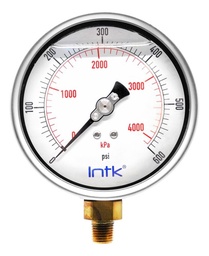 [INTK100300600] 4” Liquid filled (O.E.M.), pressure gauge, 1/4” NPT, bottom connection, 0 to 600 psi-kPa