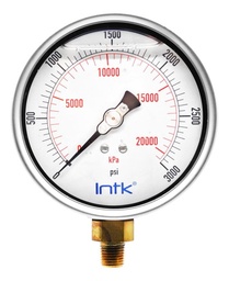 [INTK1003003000] 4” Liquid filled (O.E.M.), pressure gauge, 1/4” NPT, bottom connection, 0 to 3000 psi-kPa