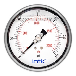 [INTK100310300] 4” Liquid filled (O.E.M.), pressure gauge, 1/4” NPT, back connection, 0 to 300 psi-kPa