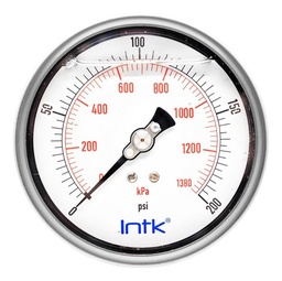 [INTK100410200] 4” Liquid filled, pressure gauge, 1/4” NPT, back connection, 0 to 200 psi-kPa