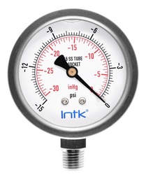 [INTK6350030VAC] 2.5” S.S. Liquid filled (O.E.M.), vacuum gauge, 1/4” NPT, bottom connection, 30 Vac inHg-cmHg