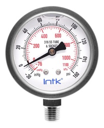 [INTK6350030VAC160] 2.5” S.S. Liquid filled (O.E.M.), vacuum pressure gauge, 1/4” NPT, bottom connection, 30 Vac inHg-cmHg, 160 psi-kPa