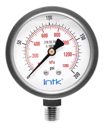 [INTK63500200] 2.5” S.S. Liquid filled (O.E.M.), pressure gauge, 1/4” NPT, bottom connection, 0 to 200 psi-kPa