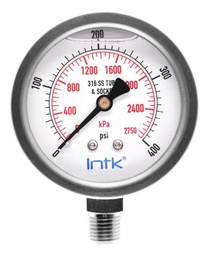 [INTK63500400] 2.5” S.S. Liquid filled (O.E.M.), pressure gauge, 1/4” NPT, bottom connection, 0 to 400 psi-kPa