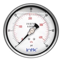 [INTK10051060] 4” S.S. Liquid filled (O.E.M.), pressure gauge, 1/2” NPT, back connection, 0 to 60 psi-kPa