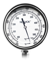 [N503000402001000] Termómetro 5 pulgadas, acero inoxidable, inferior, 1/2" NPT, con tornillo recalibrador y sello hermético, vástago 4", rango 200 a 1000 F-C