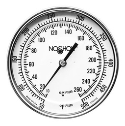 [N5031004050500] Termómetro 5 pulgadas, acero inoxidable, posterior, 1/2" NPT, con tornillo recalibrador y sello hermético, vástago 4", rango 50 a 500 F-C