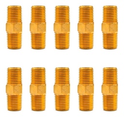 [NIPH14N14NQTY10] 10 Pz De Niple hexagonal, fabricado en latón (dorado) de 1/4" NPT x 1/4" NPT