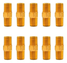 [NIPH14N14NQTY10] 10 Pz De Niple hexagonal, fabricado en latón (dorado) de 1/4" NPT x 1/4" NPT