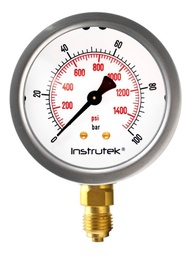 [63400100BARPSI] Manómetro 2.5", lleno de líquido premium, 1/4" BSPP, inferior, 100 bar-psi