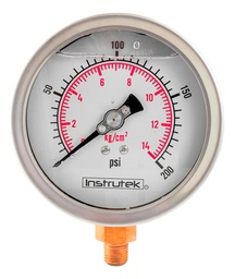 [100300200] Manómetro 4", lleno de líquido (O.E.M.), 1/4" NPT, inferior, 200 psi-kg/cm2