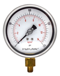 [100400200] Manómetro 4", lleno de líquido premium, 1/4" NPT, inferior, 200 psi-kg/cm2