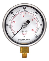 [100400300] Manómetro 4", lleno de líquido premium, 1/4" NPT, inferior, 300 psi-kg/cm2