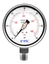 [INTK10050060] 4” S.S. Liquid filled (O.E.M.), pressure gauge, 1/2” NPT, bottom connection, 0 to 60 psi-kPa