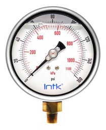 [INTK100300160] 4” Liquid filled (O.E.M.), pressure gauge, 1/4” NPT, bottom connection, 0 to 160 psi-kPa