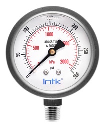 [INTK63500300] 2.5” S.S. Liquid filled (O.E.M.), pressure gauge, 1/4” NPT, bottom connection, 0 to 300 psi-kPa