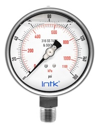 [INTK100500160] 4” S.S. Liquid filled (O.E.M.), pressure gauge, 1/2” NPT, bottom connection, 0 to 160 psi-kPa